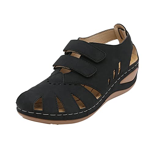 AMDOLE Barfußschuhe Damen Sale Wide Fit Sandals For Women Frauen-Sommer-feste hohle -Loop-beiläufige runde Zehe-Keil-bequeme Strand-Schuh-Sandalen Warme Schuhe Damen Winter (Black, 37) von AMDOLE