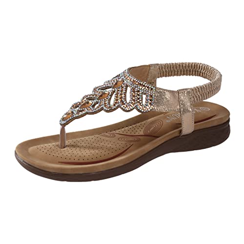 AMDOLE Cushion Walk Sandals Frauen Strass Dekor Slingback Wedges Sandalen elastischer Knöchelriemen Lässige böhmische Strandschuhe Strass Dekor Zehenstegsandalen Damenschuhe Plateau (Rose Gold, 38) von AMDOLE