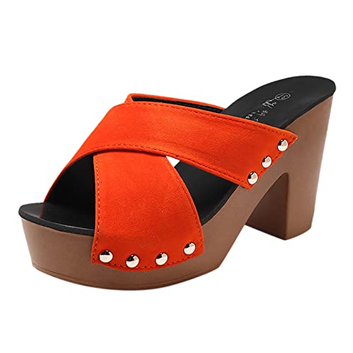 AMDOLE Cushion Walk Sandals Mode Frühjahr und Sommer Damen Sandalen Dicke Sohle High Heel Chunky Heel Einfarbig Fischmaul Open Toe Atmungsaktiv Bequem Lässiger Stil Schuhe Damen (Orange, 37) von AMDOLE