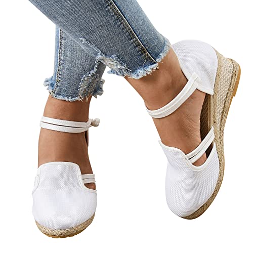 AMDOLE Damen Sandalen Sale Sandals For Women Damen Sandalen Plattform Keil Leinen Sandalen Mode Vielseitige Geflochtene Schnalle Atmungsaktive Keilsandalen Damenschuhe Schwarz Winter (White, 42) von AMDOLE