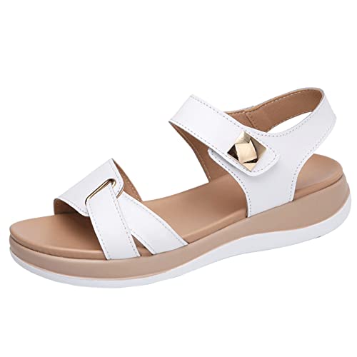 AMDOLE Damen Sommer Sandalen Sale Womens Sandals Size 6 Mode Sommer Frauen Sandalen flach dicker Boden offener Zeh Hakenschlaufe einfarbig lässig compatible with Motorrad Schuhe Damen (White, 42) von AMDOLE