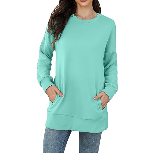 AMDOLE Dünne Damen Ohne Damen-Sweatshirt für Herbst und Winter, modisch, Rundhalsausschnitt, langärmelig, ohne Kapuze Schwarzer Pulli Damen (Mint Green, XL) von AMDOLE