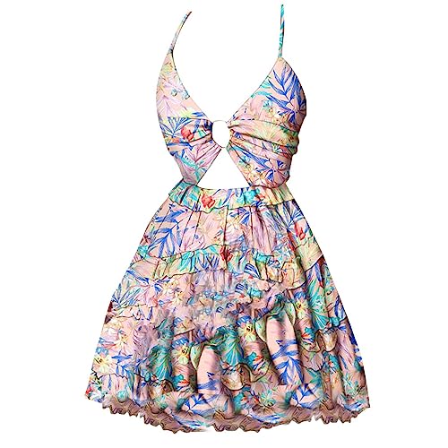 AMDOLE Fit and Flare Kleid Damen Casual Sommer Tank Top Ärmellos Knielang Mini Print Plissee Tank Kleid Wickelkleid für Frauen Midi, rose, M von AMDOLE