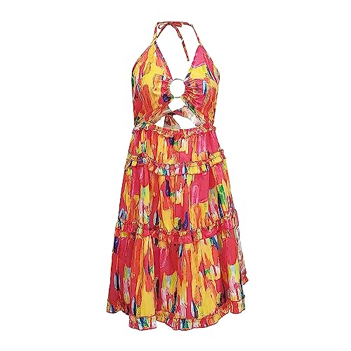 AMDOLE Fit and Flare Kleid Damen Casual Sommer Tank Top Ärmellos Knielang Mini Print Plissee Tank Kleid Wickelkleid für Frauen Midi, rot, M von AMDOLE