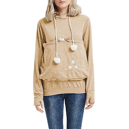 AMDOLE Flauschige Pullover Herbst und Winter Haustier Kapuzenpullover Pullover lose große Tasche Damen Pullover Fleece Pulli Damen (Khaki, L) von AMDOLE