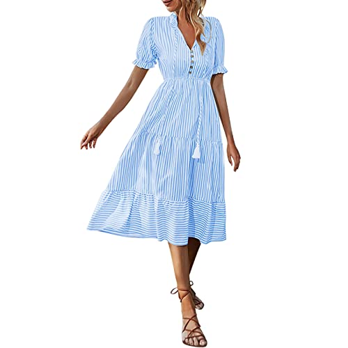 AMDOLE Formeller Anlass Kleid Damen Sommer Rüschen Puffärmel Kleid Kurzarm V-Ausschnitt Hohe Taille Casual Lose Gestreift Midi Kleider Flare Kleid, blau, M von AMDOLE