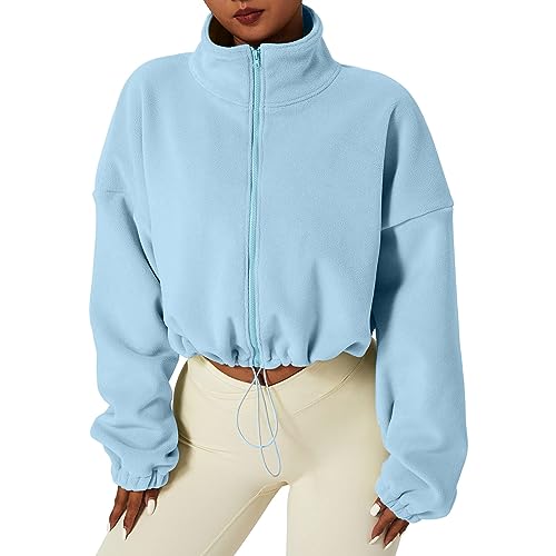 AMDOLE Graphic Sweat Shirts Frauen Damen Full Zip Fleece Kurze Jacke Warm Winter Langarm Stehkragen Crop Coat Boyfriend Oversized Sweater, blau, 38 von AMDOLE