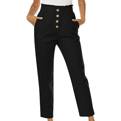 AMDOLE Jogginghose Damen Baggy Frauen Casual Hohe Taille Taste Capris Regelmäßige Fit Solide Geerntete Hose Damen Hosen (Black, XL) von AMDOLE