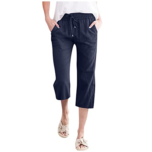 AMDOLE Kurze Damen Hose Frauen hoch taillierte Hose mit weitem Bein Mode Elastische Hose mit Kordelzug Bequeme Lange Hose mit geradem Bein und Taschen Pro Damen Hose (Navy, XXL) von AMDOLE
