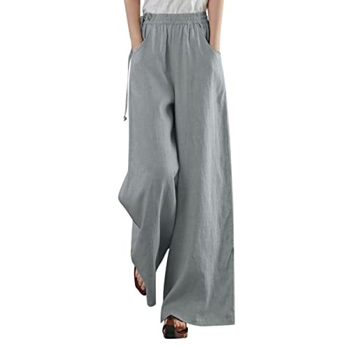 AMDOLE Kurze Hose Damen 48 Damen Baumwoll-Leinenhose mit weitem Bein und gerader, gerader, literarischer Freizeithose mit hoher Taille Elegante Hose Damen Stretch von AMDOLE