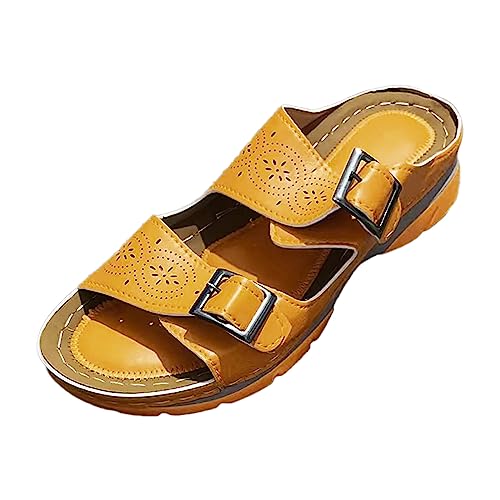 AMDOLE Orthopedic Shoes For Women Damen Sommer Einfarbig Schnallenriemen Lässig Offene Zehenkeile Weicher Boden Atmungsaktive Hausschuhe Schuhe Sandalen Damenschuh (Yellow, 38) von AMDOLE