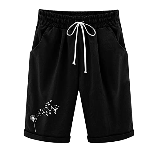 AMDOLE Reha Hose Damen Seitlich Zu Öffnen Herren Summer Cotton Leinen Löwenzahn Druckhose Lacing Beach Low-Workout mit Taschen Loungehose Fünf-Punkt Schwarze Kurze Hose Damen Eng von AMDOLE