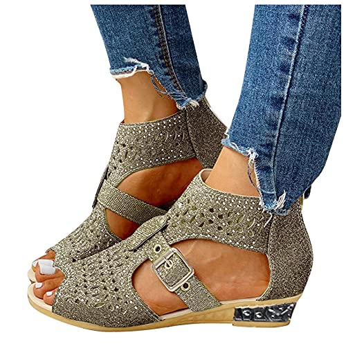 AMDOLE Sale Damen Schuhe Orthopedic Sandals Women Frauen heraus kristalline Vintage-Schuhe Sandalen im freien Aushöhlung Frauen-Mode-Reißverschluss Blockabsatz Schuhe Damen (Gold, 42) von AMDOLE