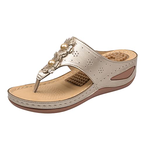 AMDOLE Sandalen Sale Orthopedic Sandals Women Damen Sandalen Bequeme Flip Flops für Frauen mit Fußgewölbestütze Sommer Lässige Keilsandalen Schuhe Massagefunktion Schuhe Leopard Damen (Gold, 42) von AMDOLE