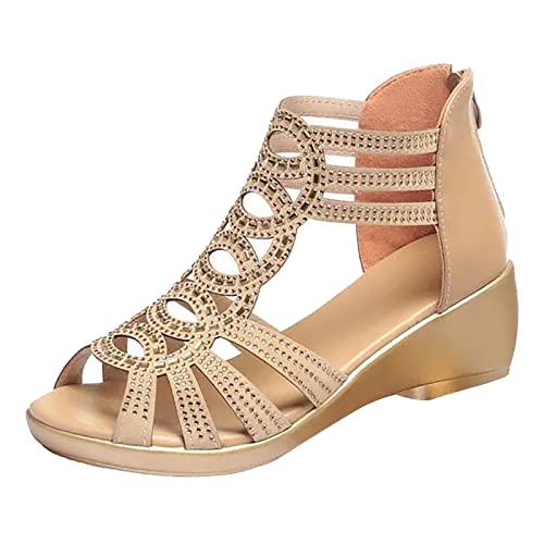 AMDOLE Sandaletten Damen Sale Women's Sandals & Slides Damen Romanesque Beach Rutschfester Strass Slope Heel Open Toe Atmungsaktive Sandalen mit Reißverschluss Schuhe Schuhe Damen Schuhe (Gold, 40) von AMDOLE