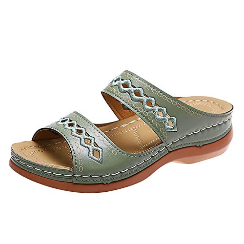 AMDOLE Sandals With Arch Support For Women Damen Sommer Einfarbig Slip Casual Open Toe Wedges Weicher Boden Atmungsaktive Hausschuhe Schuhe Sandalen Bunte Damenschuhe (Green, 42) von AMDOLE