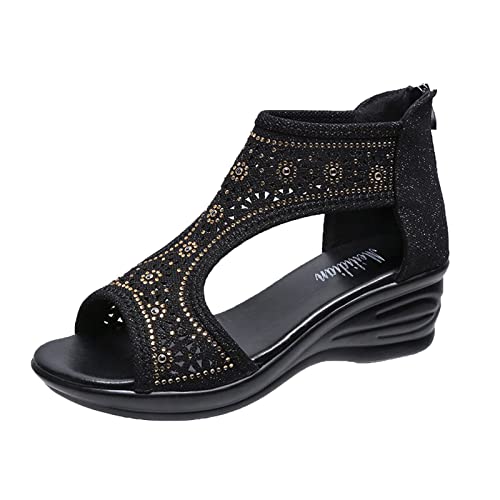 AMDOLE Sommer Sandalen Damen Sale Women Sandals Strass-Sandalen mit Reißverschluss hinten Römische Plateausandalen Damen-Keilschuhe Damensandalen Damenschuhe Sneaker Gelb (Black, 40) von AMDOLE