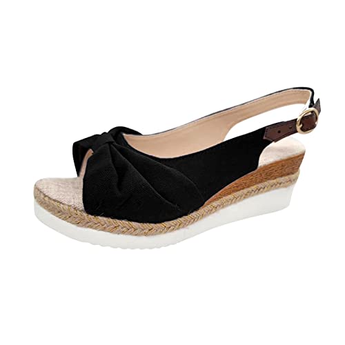 AMDOLE Sommerschuhe Damen Sale Sandals For Women Sommer solide Stoff-Casual-Stroh Boden Keil, Schnalle, Sandalen Schuhe Damen Schlappen (Black, 39) von AMDOLE