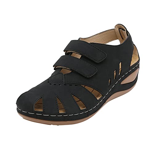 AMDOLE Sommerschuhe Damen Sale Wide Fit Sandals For Women Frauen-Sommer-feste hohle -Loop-beiläufige runde Zehe-Keil-bequeme Strand-Schuh-Sandalen Warme Schuhe Damen Winter (Black, 40) von AMDOLE
