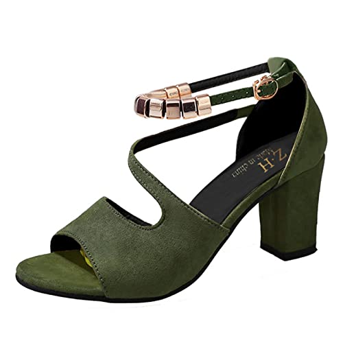 AMDOLE Summer Sandals Women Damen Schnallenriemen Blockabsatz Sandalen Perlen Fischmaul High Heels Sommer Lässige Knöchelriemen Sandalen Pumps Boho Schuhe Damenschuhe Plateau Schwarz (Army Green, 39) von AMDOLE