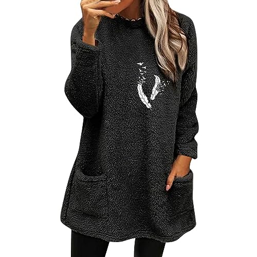 AMDOLE Teenager Mädchen Kleidung Trend Damen Wintermantel, lockere Wolljacke, langärmeliger Pullover mit Taschen Hausanzug Damen Nicki Ohne (Black, XXXL) von AMDOLE