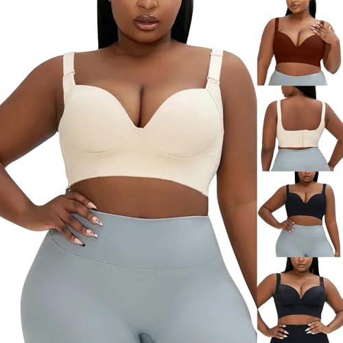 AMDOLE Tiefer Körbchen-BH verdeckt den Rücken und das Fett des Rückens mit integrierter Shapewear, Übergröße, Sportunterwäsche Push Up, beige, 125C von AMDOLE