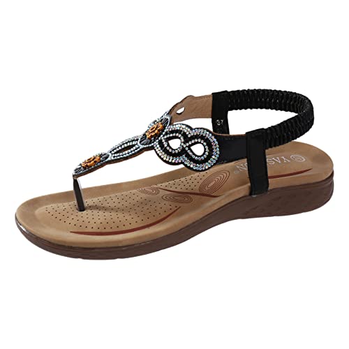 AMDOLE Toe Post Sandals Women Damen Sandalen mit Keilabsatz, elastischer Knöchelriemen, lässig, böhmische Strandschuhe, Strass-Dekor, Zehenstegsandalen Damen Plateau Schuhe Schwarz (Black, 37) von AMDOLE