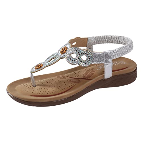 AMDOLE Toe Post Sandals Women Damen Sandalen mit Keilabsatz, elastischer Knöchelriemen, lässig, böhmische Strandschuhe, Strass-Dekor, Zehenstegsandalen Damen Plateau Schuhe Schwarz (Silver, 39) von AMDOLE