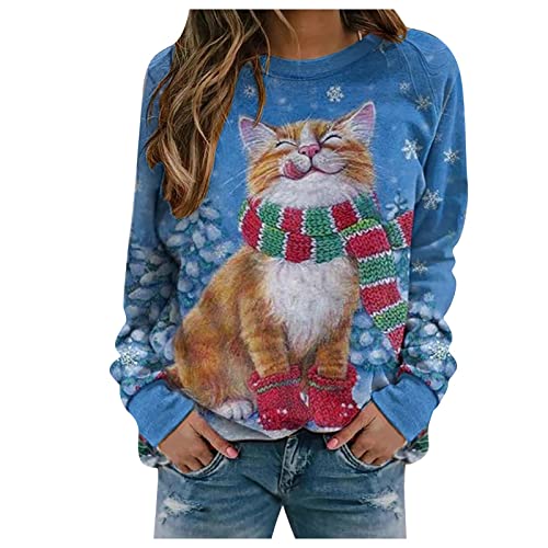 AMDOLE Trainingsanzug Für Damen Damen-Sweatshirt, modisch, lässig, Weihnachten, Katze, bedrucktes Muster, O-Ausschnitt, langärmelig, warmes Sweatshirt Hoodie Dicker Stoff (Blue, L) von AMDOLE