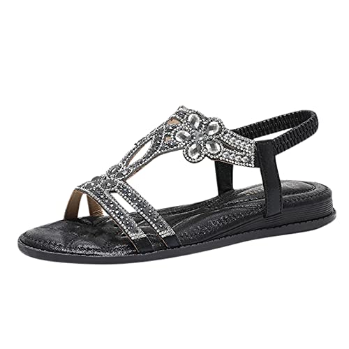 AMDOLE Women Shoes Sandalen für Damen Komfort mit elastischem Knöchelriemen Lässige böhmische Strandschuhe Mode Kristall Blumen Freizeitschuhe Offene Zehe Low Heels Sandalen Haus Schuhe (Black, 40) von AMDOLE