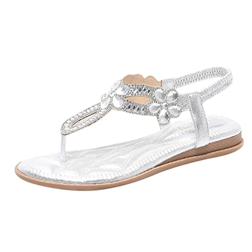 AMDOLE Women's Sandals & Slides Frauen Strass Dekor Slingback Wedges Sandalen elastischer Knöchelriemen Lässige böhmische Strandschuhe Strass Dekor Zehenstegsandalen Outdoor Schuhe Damen (White, 40) von AMDOLE