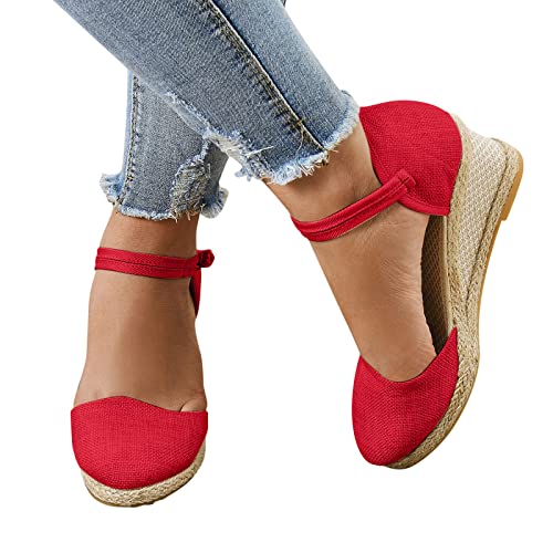 AMDOLE Women's Shoes Sale Women Sandals Frauen-Plattform-Keil-Sandalen Mode vielseitige geflochtene Schnalle atmungsaktive Keil-Sandalen Gastronomie Schuhe Damen (Red, 39) von AMDOLE