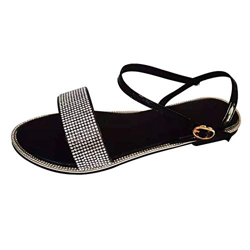 AMDOLE Women's Shoes Sale Women's Sandals & Slides Runde Schuhe Zehen Outdoor-Gurt flache Frauen kristalline Sommerschnalle Sandalen lässige Frauen Sandalen Plateau Schuhe Damen (Black, 39) von AMDOLE