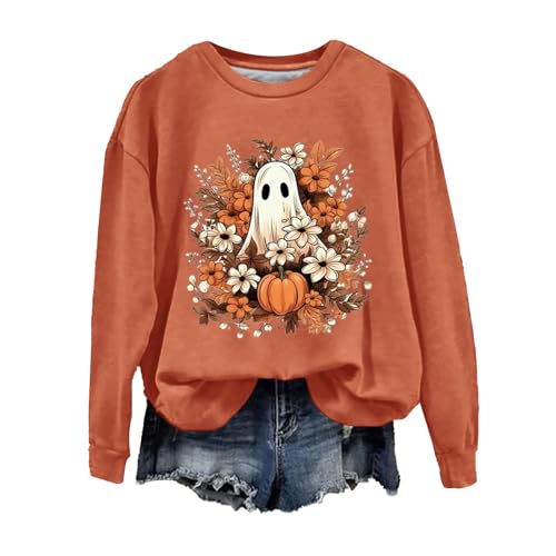 AMDOLE kostüm Halloween Damen Süße grafische Halloween-Sweatshirts für Frauen Rundhalsausschnitt Langarm Pullover Lässiger Pullover Top Herbstkleidung Hoodie Damen Schwarz (Orange, M) von AMDOLE
