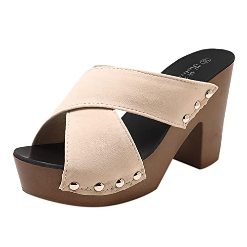 Cushion Walk Sandals Mode Frühjahr und Sommer Damen Sandalen Dicke Sohle High Heel Chunky Heel Einfarbig Fischmaul Open Toe Atmungsaktiv Bequem Lässiger Stil Schuhe Damen Wasserfest (Beige, 38) von AMDOLE