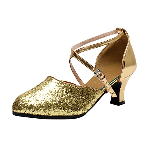 Damen Sandalen Sale Summer Sandals Women Sandalen für Damen Lateinische Tanzschuhe Sandalen mit Absatz Ballsaal Tango Party Pailletten Tanzschuhe Damenschuhe Marine (Gold, 39) von AMDOLE