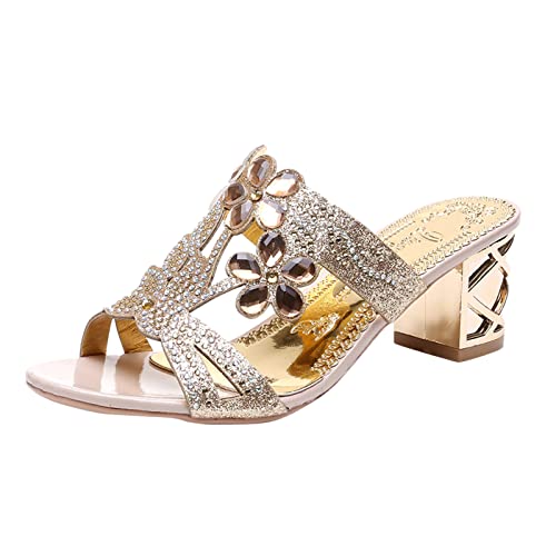 Damen Sandalen Sale Women Sandals Mouth High Pantoffeln für Frauen Fersen Sandalen Absatz Dicke Mode Strass Fish Sandalen für Frauen Elegante Schuhe Damen Mit Absatz (Gold, 41) von AMDOLE