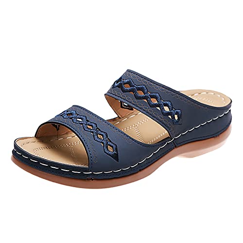 Sandalen Sale Damen Sandals With Arch Support For Women Damen Sommer Einfarbig Slip Casual Open Toe Wedges Weicher Boden Atmungsaktive Hausschuhe Schuhe Sandalen Bunte Damenschuhe (Dark Blue, 40) von AMDOLE