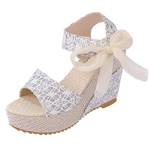 Sandalen Sale Women Sandals Frauen Frauen Plattform Keile Absatz Sandalen Blumenstrümpfe Schnürung Schuhe Schuhe Silberne Schuhe Damen Kleiner Absatz (White, 38) von AMDOLE