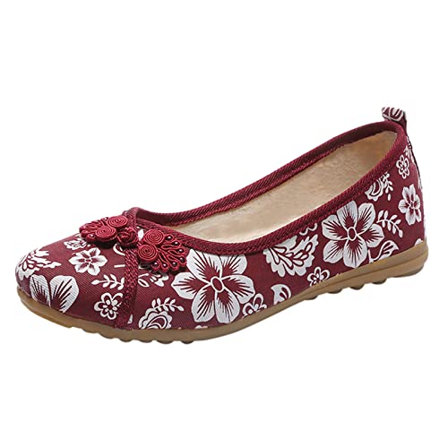 Sandalen Sale Womens Sandals Size 6 Ballerinas mit Blumendruck und Knöpfen für Damen zum Hineinschlüpfen, flacher Mund, einfache Einzelschuhe, Freizeitschuhe, Arbeitsschuhe Schuhe Damen 38 (Red, 37) von AMDOLE