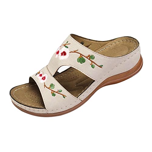 Sandaletten Damen Sale Wide Fit Sandals For Women Weige Sommer Stickblüte Damensandalen Absatz Frauen-Modeschuh Frauen Sandalen Schuhe Weite H Damen (White, 41) von AMDOLE