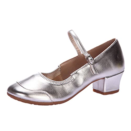 Schuhe Damen Sale Ladies Sandals Einfarbige Schnalle für Damen mit durchgehender Sohle, Gummi, niedriger Absatz, dicker Absatz, Tanzschuhe, Sandalen Damenschuhe 43 Rot (Silver, 41) von AMDOLE