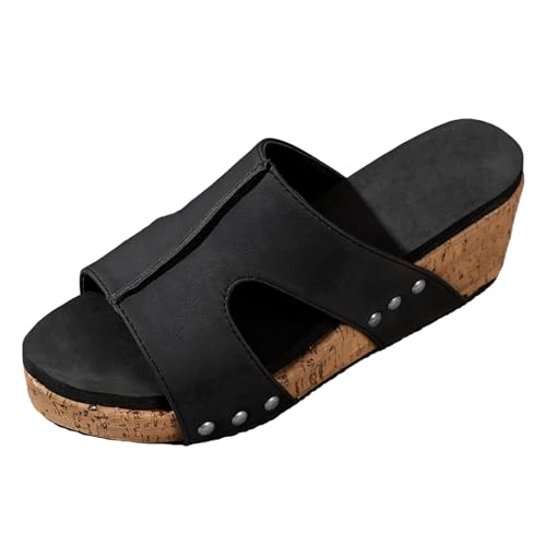 Schuhe Damen Sale Sandals For Women Size 6 Damen Sommer Solide Slip Casual Open Toe Wedges Bequeme Strandschuhe Sandalen Hausschuhe Schuhe Damen Stiefeletten Absatz (Black, 41) von AMDOLE