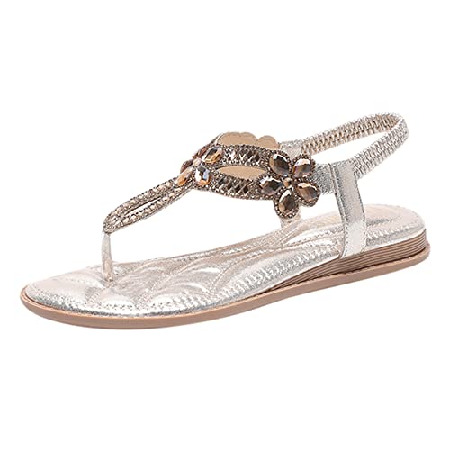 Women's Sandals & Slides Frauen Strass Dekor Slingback Wedges Sandalen elastischer Knöchelriemen Lässige böhmische Strandschuhe Strass Dekor Zehenstegsandalen Outdoor Schuhe Damen 41 (Gold, 37) von AMDOLE