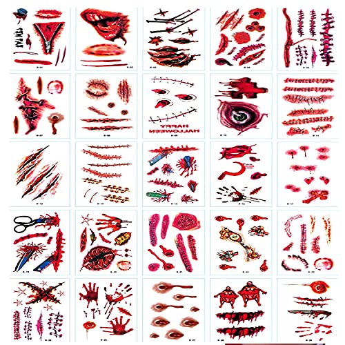 30-Blatt Halloween Gesicht gefälschte Narbe Tattoos, Halloween Zombie Make-up Kit Dekoration für Kinder, Vampir Biss Wunden schneidet wasserdichte gefälschte Blut Tattoo 30-Blatt Halloween Gesicht gefälschte Narbe Tattoos, Halloween Zombie Make-up Kit Dekoration für Kinder, Vampir Biss Wunden schneidet wasserdichte gefälschte Blut Tattoo von AMDX