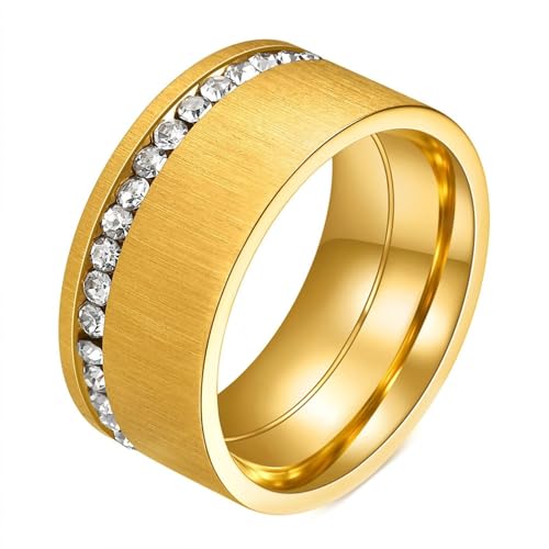 AMDXD 10MM Ehering Vintage, Matte Breit Damenring, Damen Edelstahl Ringe Männer mit Zirkonia, Gold, Gr.57 (18.1) von AMDXD