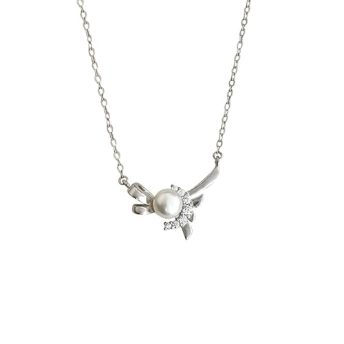 AMDXD 14 Karat Au585 Weißgold Halskette für Damen, Anhänger Damenkette Klassiker Bow-Knot 5.8MM mit Perle Rundschliff Weiß, Kette Frauen mit Moissanit 14K Gold Echt Gold, 40+5CM von AMDXD