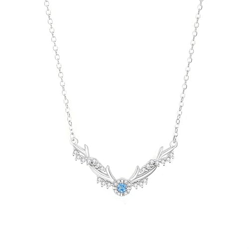 AMDXD 18 Karat Weißgold Ketten Damen Modeschmuck, Damenkette Anhänger Geweihe mit Topas Rundschliff Blau, Frauen Halskette Geschenk mit Moissanit 18K Gold Echtgold Schmuck, 40+5CM von AMDXD