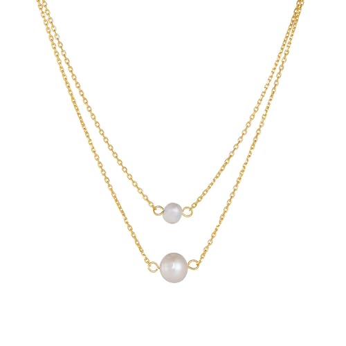 AMDXD 18K 750 Gold Kette Damen Hochzeit, 2 Geschichtet Anhänger Damenkette mit Perle Rundschliff Weiß, Echtschmuck Halskette Frauen Gelbgold Au750, 40+5CM von AMDXD