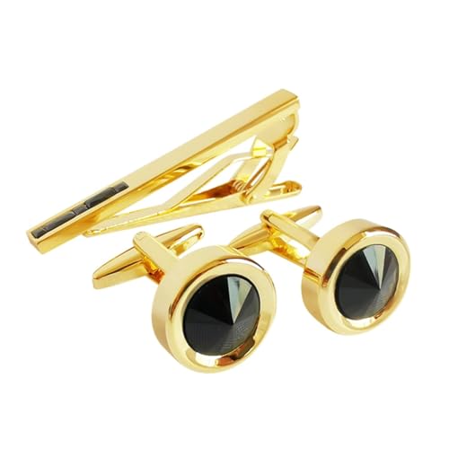 AMDXD 3 Pcs Set Manschettenknöpfe Krawattenklammer, Rund Manschettenknöpfe Hochzeit mit Zirkonia Schwarz, Gold Manschettenknöpfe Krawattennadeln Tie Clip für Unternehmen von AMDXD